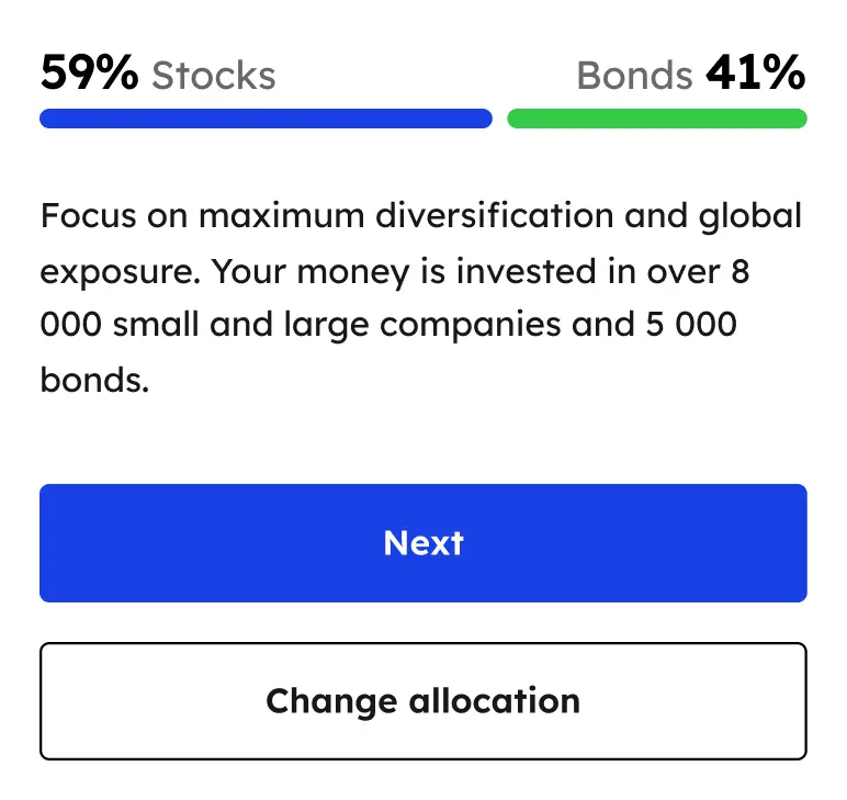 A screenshot from the application shows an example of the distribution between stocks and bonds.